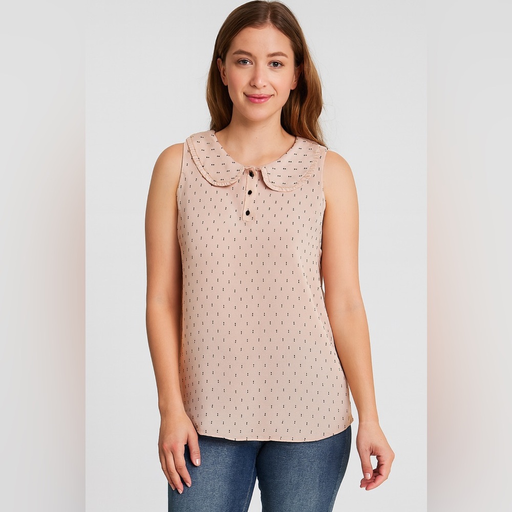 ELLEā Sleeveless Top Women Large Pink Good Peter Pan Collar Dotted Blouse